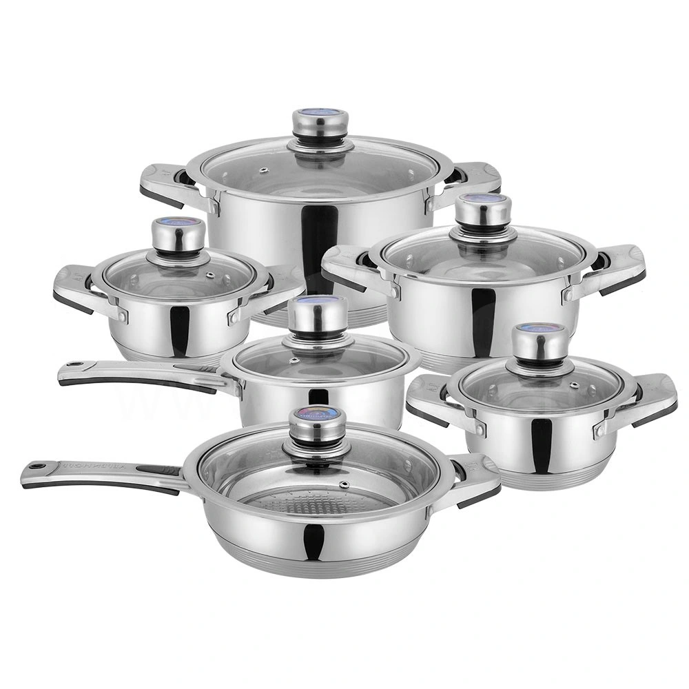 Kitchen 12PCS Wide Rim Stainless Steel Cookware Set with Accessories Seleted, Cooking Pots with Steel Lid, Kitchenware with Casseroles and Non Stick Fry Pans