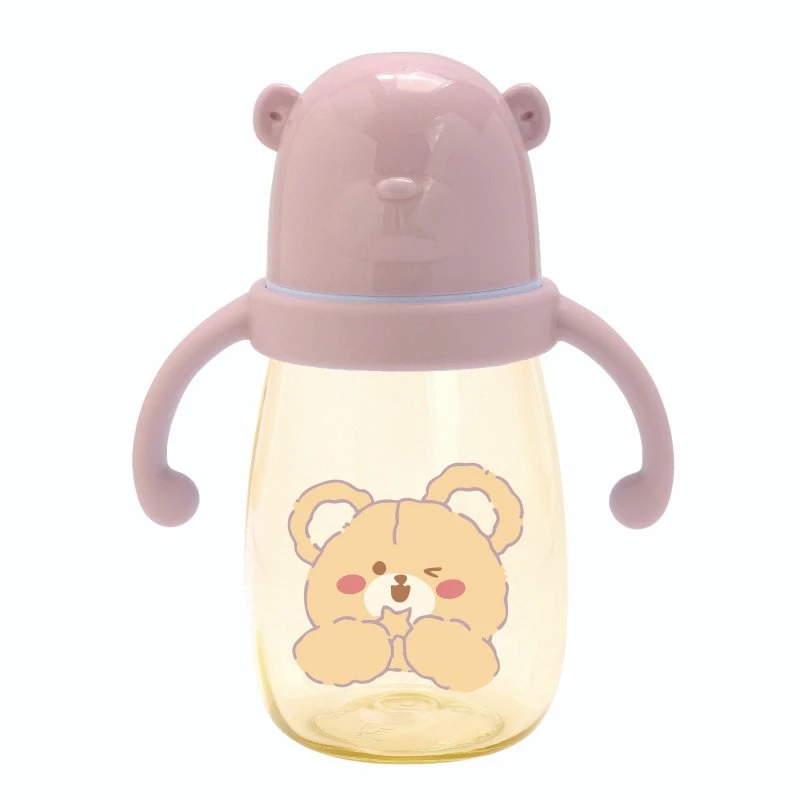 300ml Wide Neck Plastic Cartoon Baby Bottle with Handle OEM/ODM