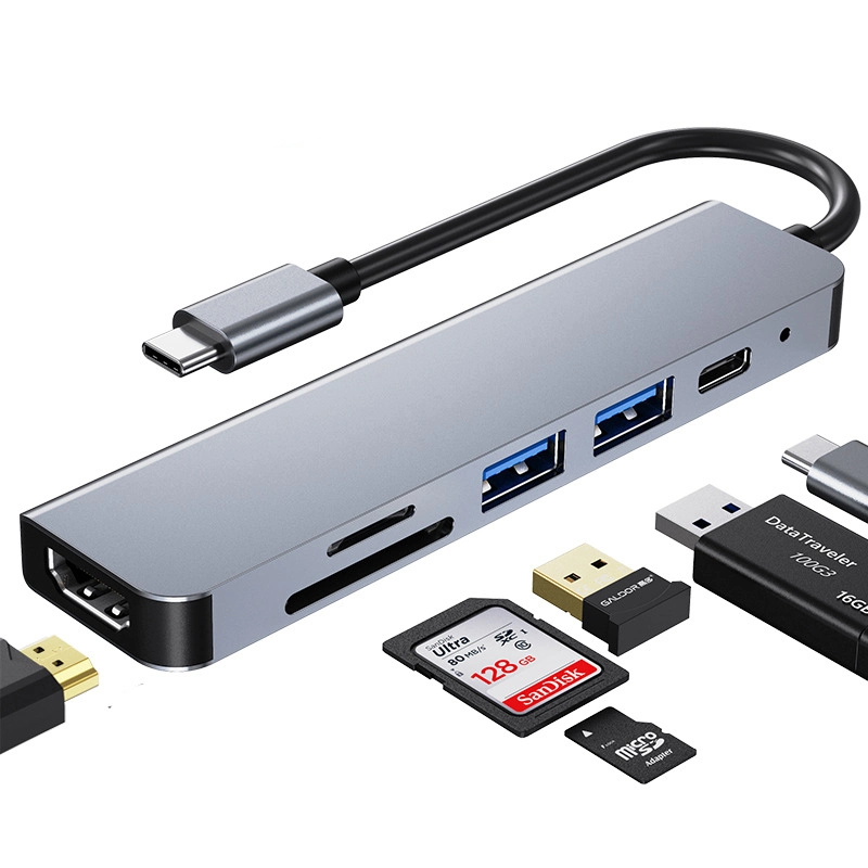 High Speed Performance 6 in 1 USB C Portable Type C Hub Adapter with Pd87W USB3.0/2.0 Hub SD/TF 2.0 Card Reader and HDMI