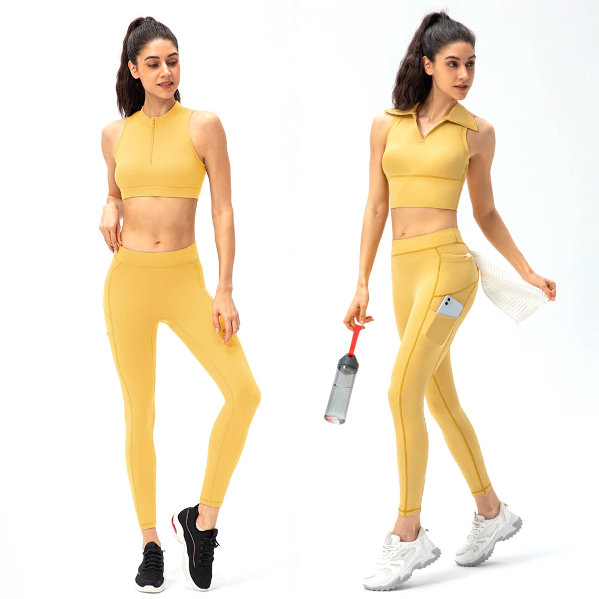 2/3PCS High Quality Ropa De Mujer Professional Athletic Fitness Clothing for Women, Custom Yoga Bra Top + Pocket Leggins with Towel Hanger Gym Wear Set