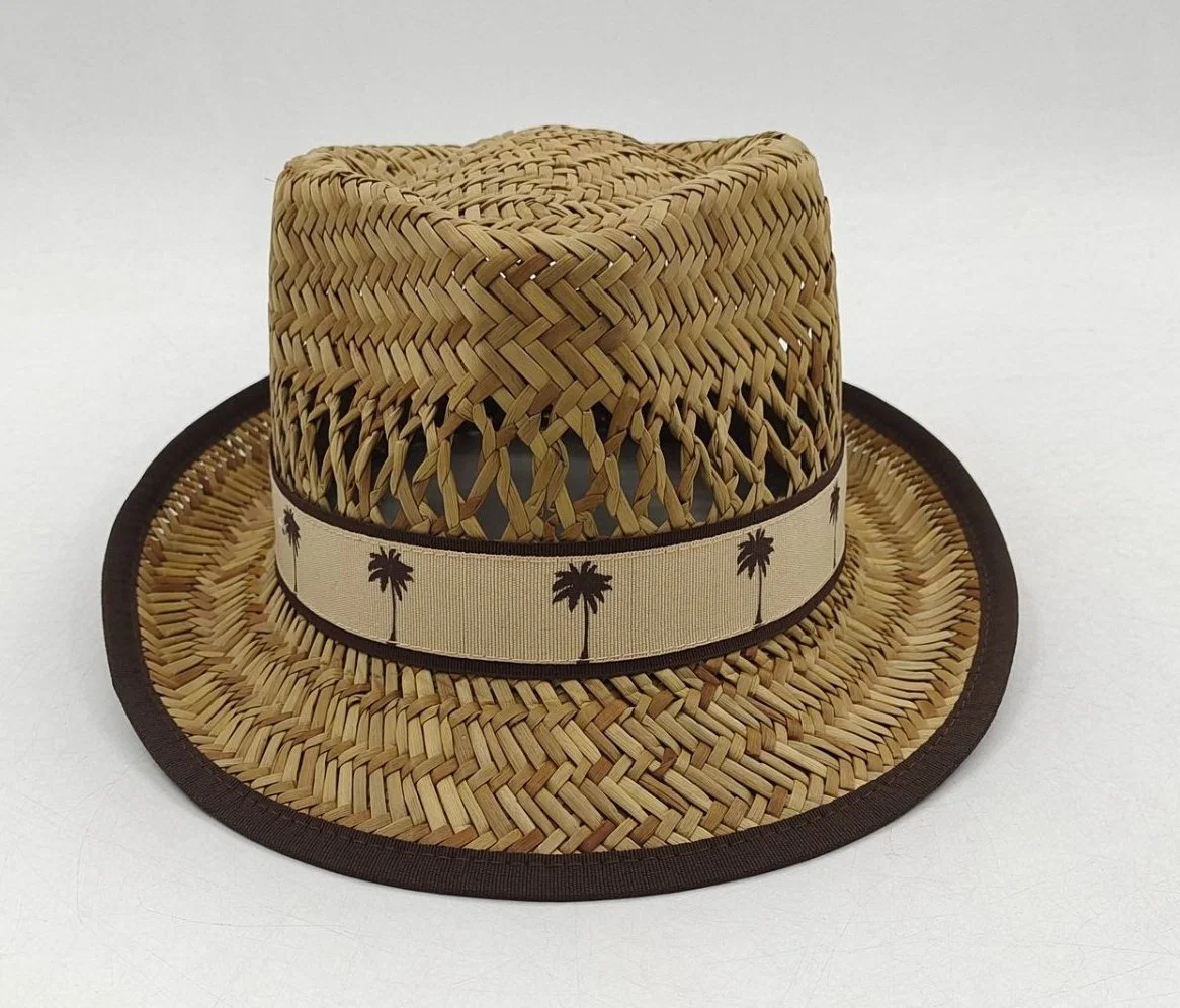 Outdoor Natural Rush Straw Palm Tree Band Men Fedora Hat