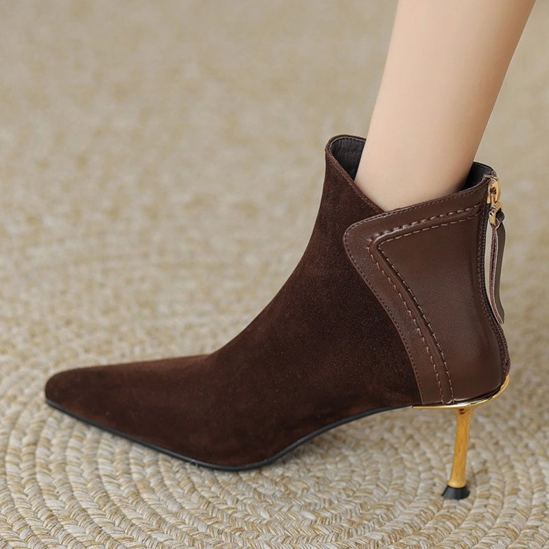 Customize Ladies Pointed Toe Black Suede Back Zipper Electroplated High Heel Women Ankle Boots