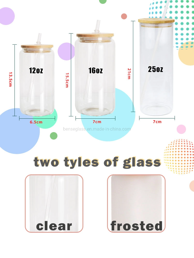 Us Warehouse 12oz 16oz Frosted Clear Beer Can Shaped Sublimation Beer Jar Glass Can with Bamboo Lid and Straws