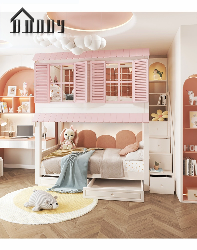 Children Bed Modern Pink Princess Bed Kids Bunk Beds Triple Girls Bedroom Wooden Furniture