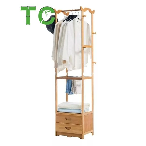 Le bambou Vêtements Vêtement étagère rack, entrée placard avec deux tiroirs Portemanteau Vêtements Rack