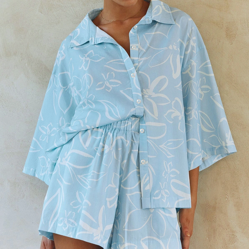 Summer Pyjama Blue Flower Print Half Sleeve Loose Casual Pajama Shorts Loungewear Women Sets