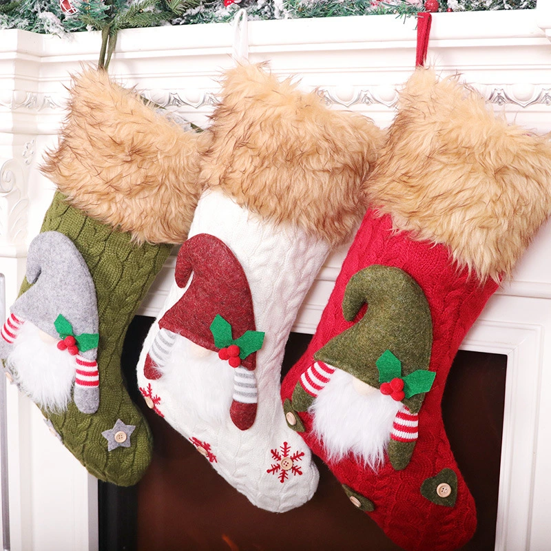 3 Styles Cable Knitted Fabric Gnome Christmas Candy Stocking with Yello Fluff for Xmas Party Supplier