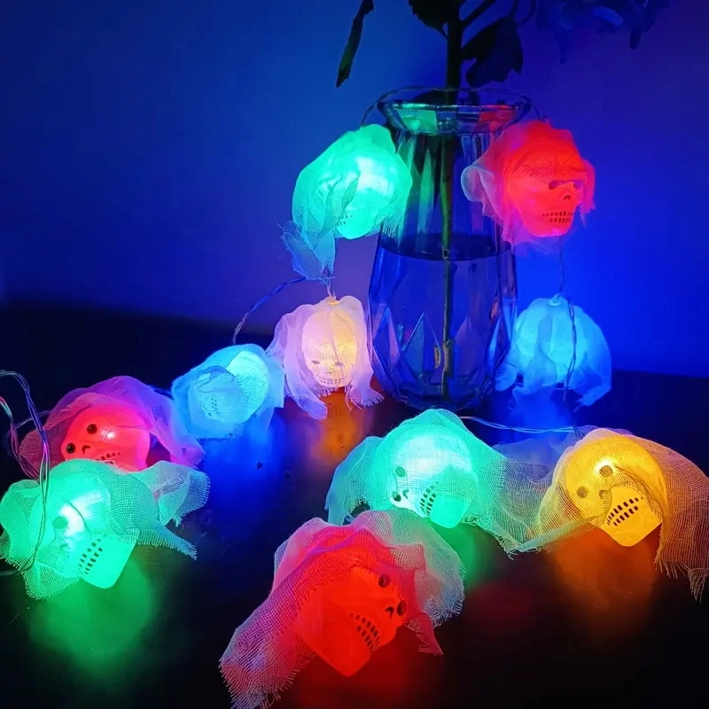 10 LED Halloween Ghost Light String LED Gauze Skull Steady Battery