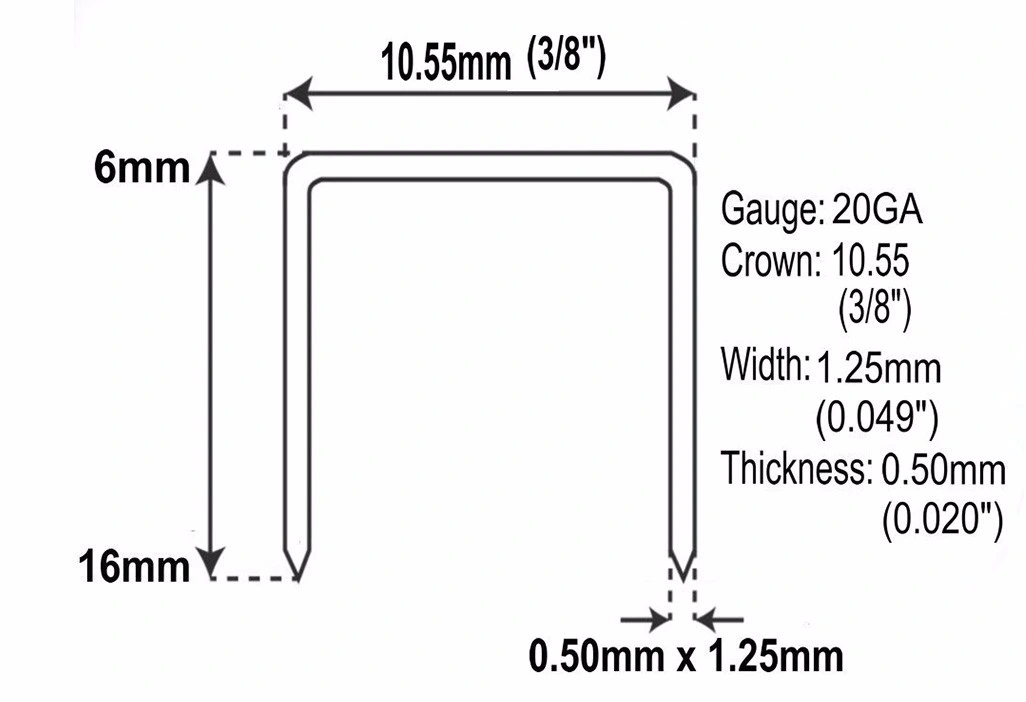 Couronne de 3/8 de pouce de calibre 20 A11 série 10mm de longueur d'amende sur le fil d'agrafes