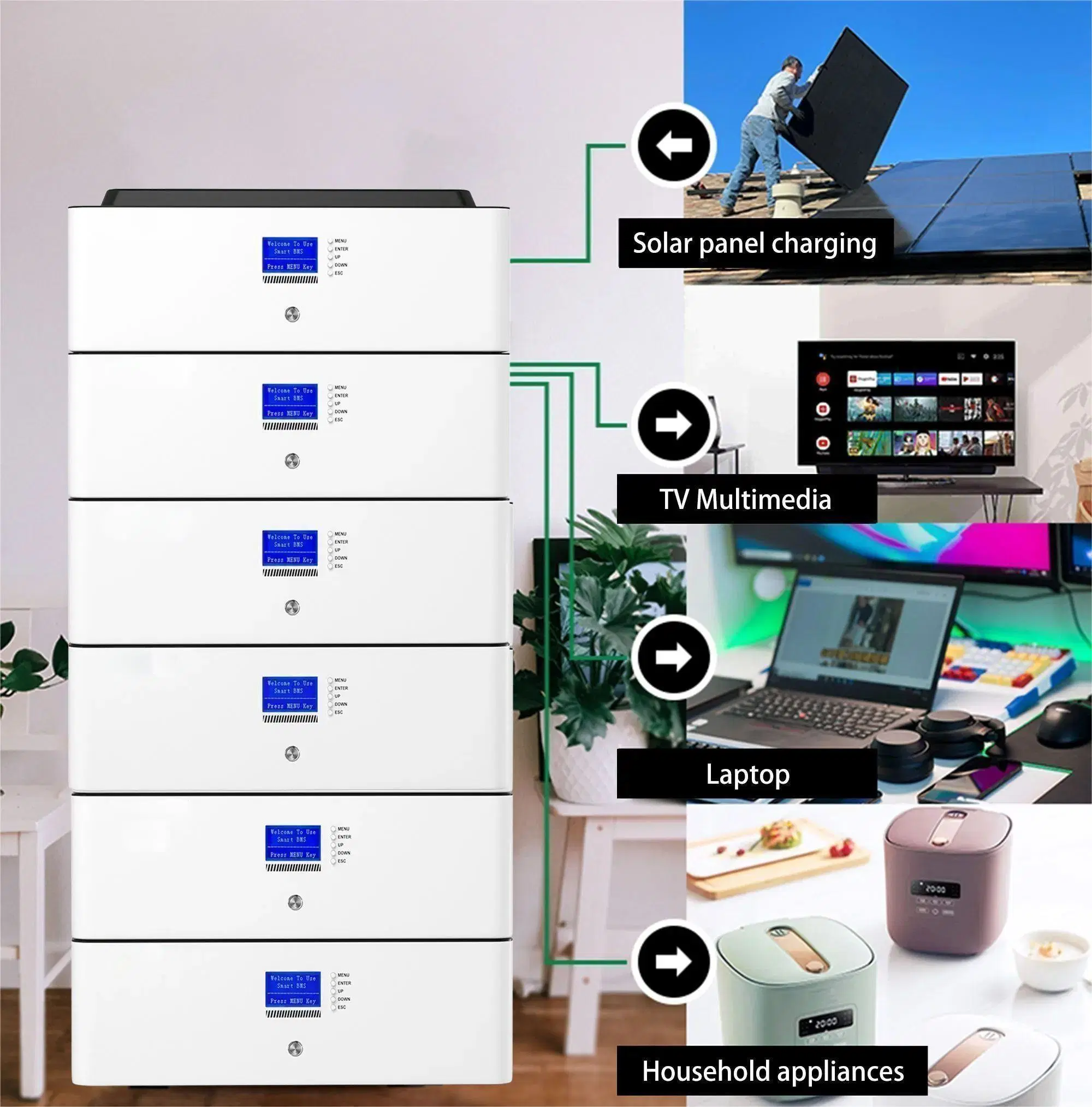 Sistema de Energia Solar doméstico armazenamento de Energia bateria de 5kw 10kwh Bateria de lítio solar empilhada de 51,2V a 20 kwh com LiFePO4 de 15kwh com Inversor