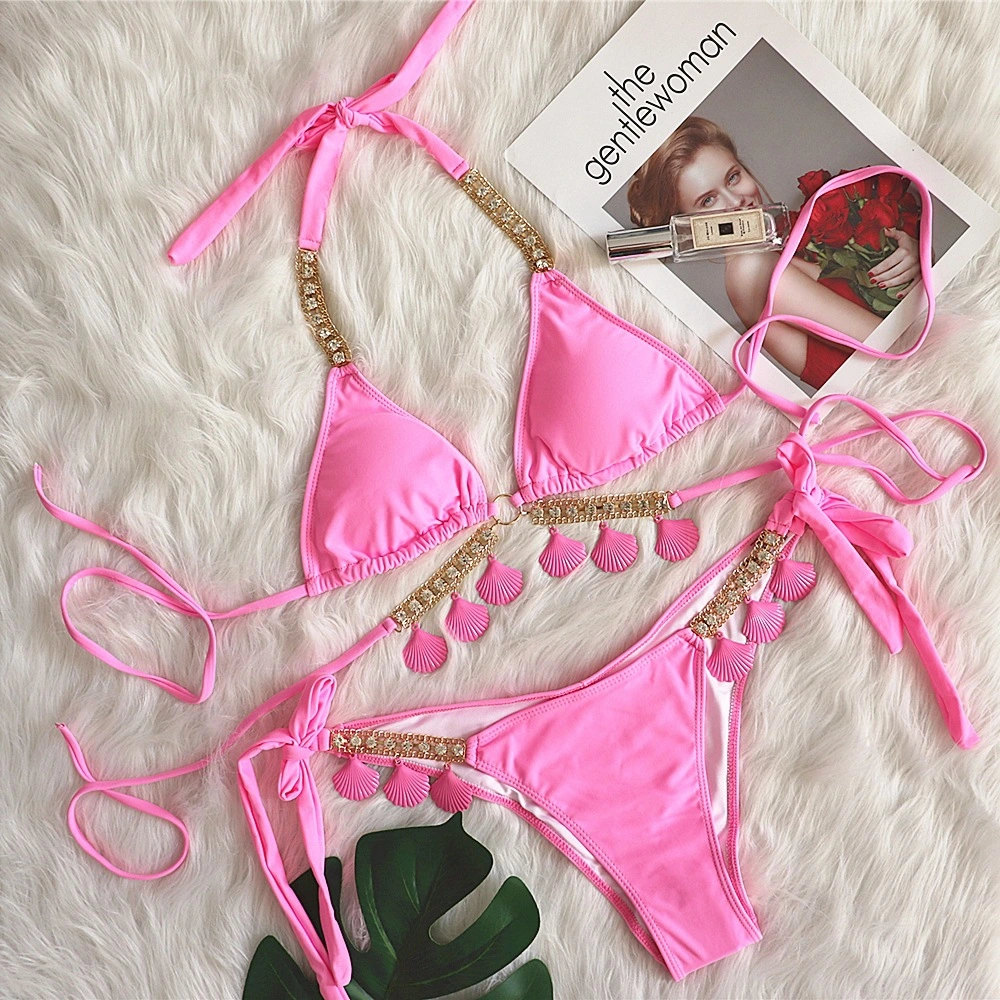 Micro String bikini brasileño Rosa sexy traje de baño Trajes de baño de la cadena de joyas de concha