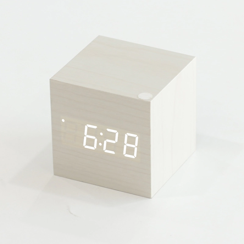 Quadratischer Holz LED Wecker Voice Control Tisch Geschenk Uhr