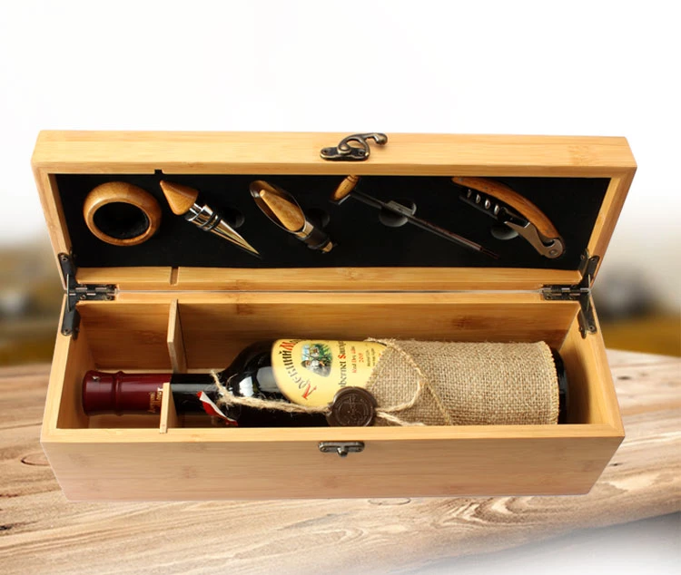 Custom Bamboo Wooden Wine Whiskey Packaging Box for 1 Bottles Wine Storage Case