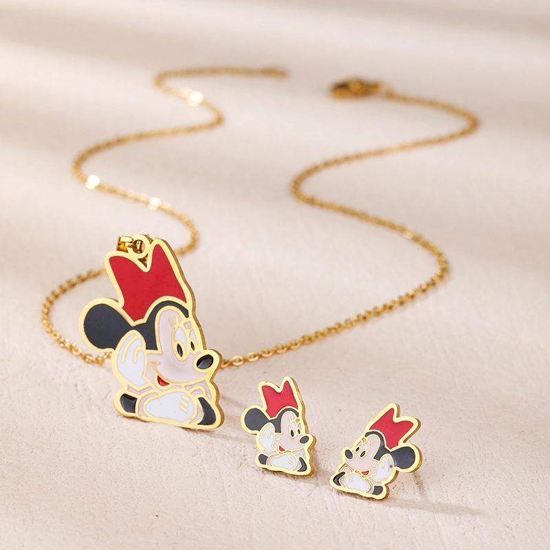 Hot Sale Fashion Stainless Steel Jewelry Set for Women with Mickey Mouse Necklace Earring Jewelry Set