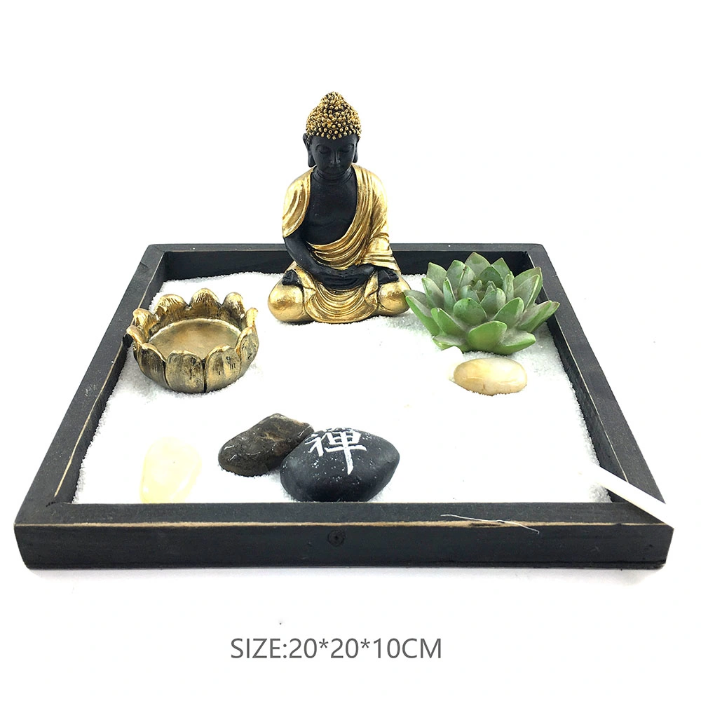 Wooden Zen Garden Set Include Buddha, Decoration Stone, Candle Holder, Sand