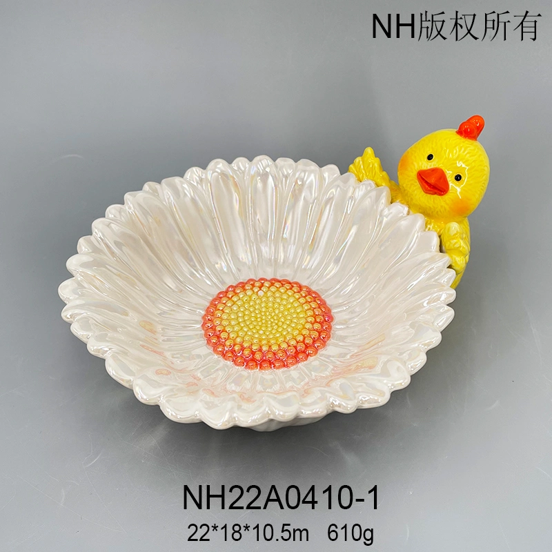 Ceramic Lovely Two Chickens Lie on Daisy Flower Pearl Color Plate Interesting Funny Dinner Plate for Children Home Hotel