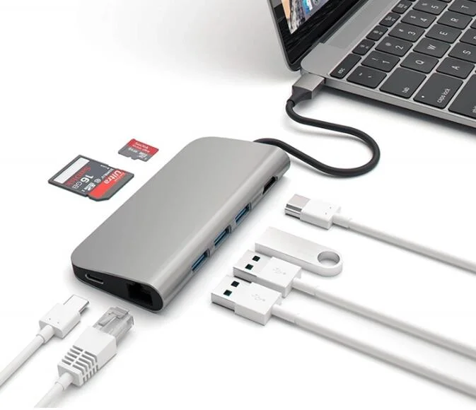 Type C Hub to USB 3.0 Hub with Pd Power HDMI 3.5mm Audio and RJ45 Gigabit Ethernet Adapter