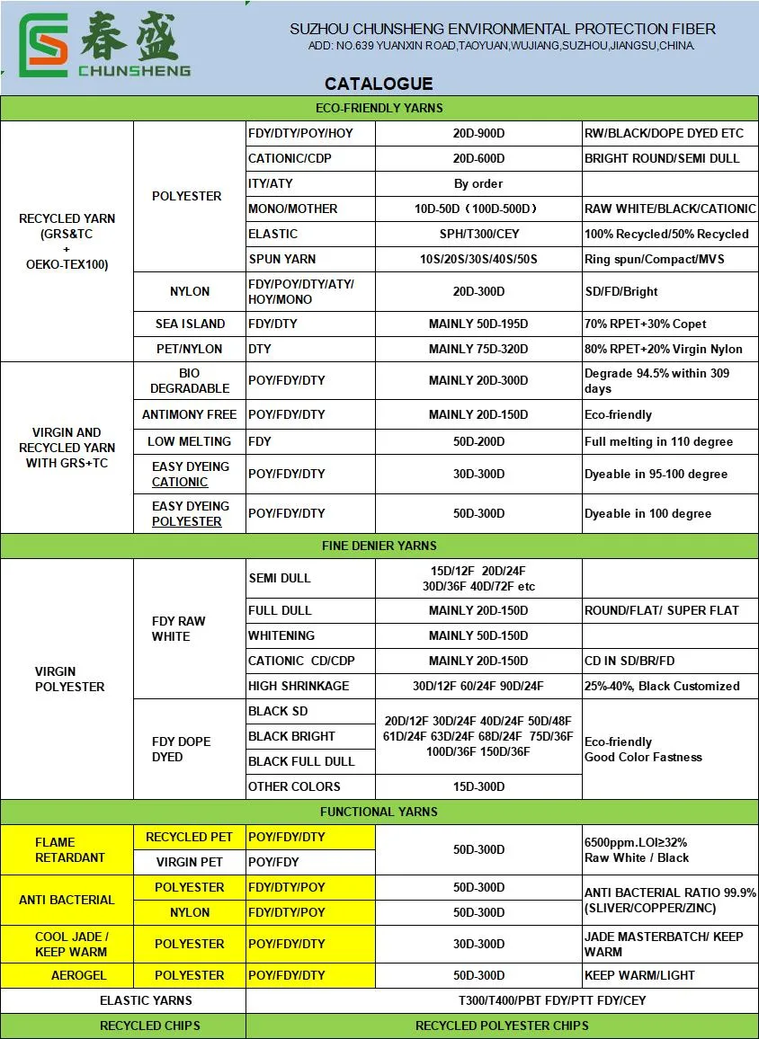 Fabricant chinois de fils de polyester cationique recyclé GRS/Oekotex DTY FDY POY avec CDP de mère.