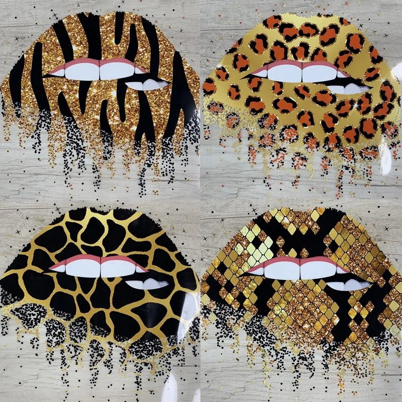 Hochwertige waschbare DIY Leopard Lippen gedruckt Heat Press T Strass Mit Strass-Shirt-Transfer