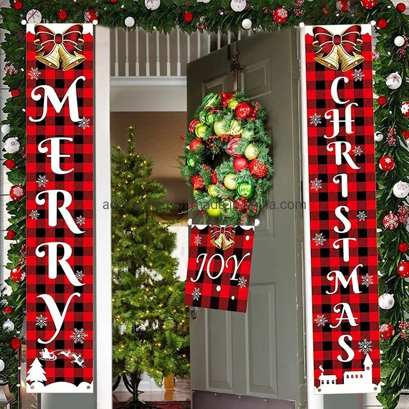 New Christmas Porch Banner Curtain Hanging Fabric Plaid Decoration Flag Hanging Decoration Door Banners