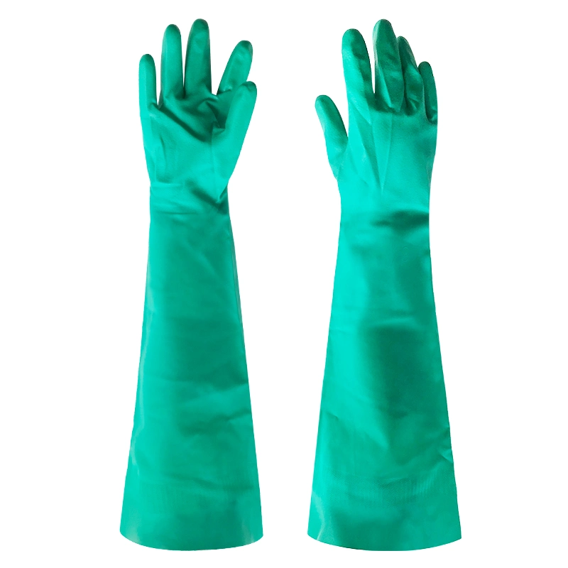 Hot Sale Flocking Green Nitrile Reusable Dishwashing Chemical Resistant Industrial Household Gloves 60cm