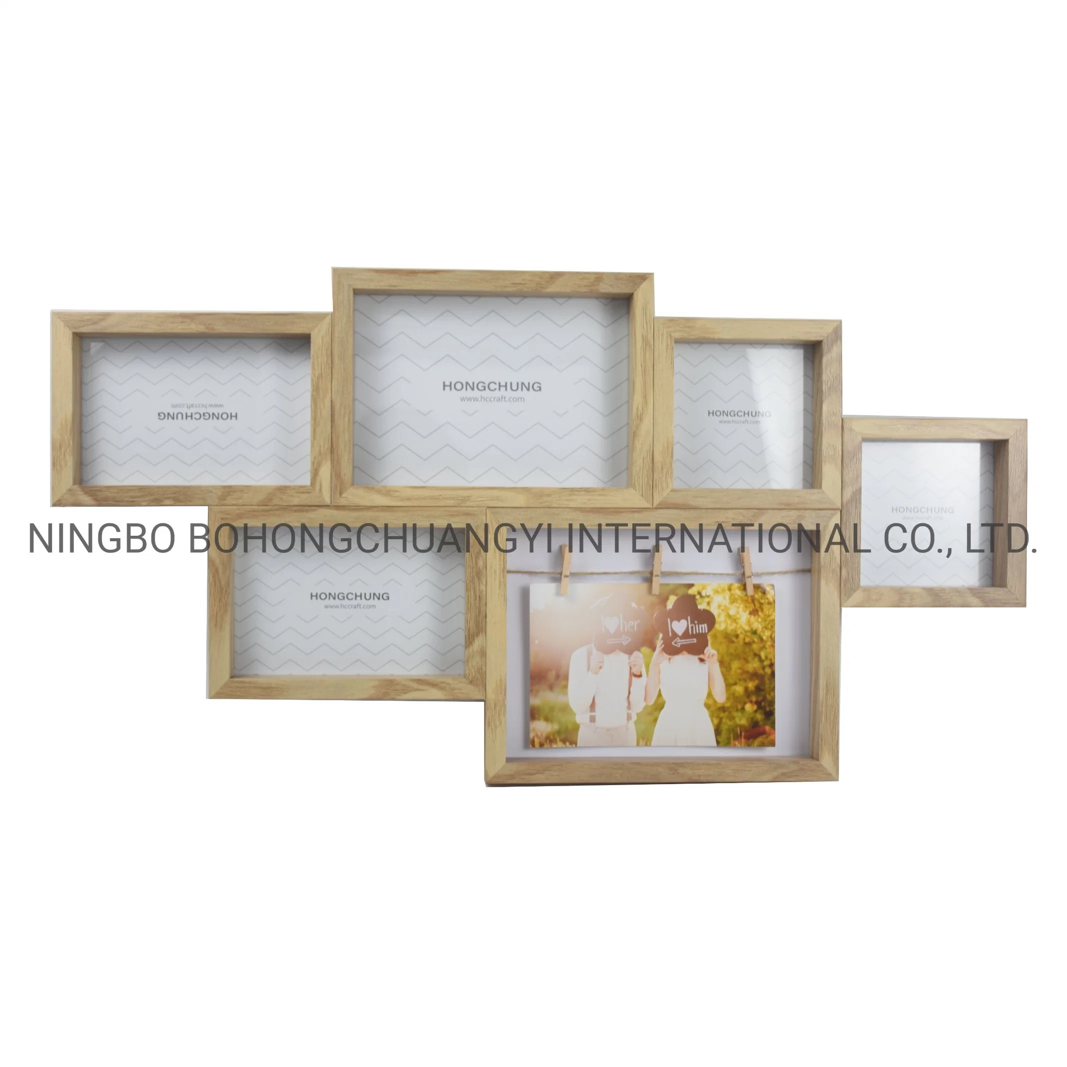 Natural Wood Frame Wall Mounted Collage Photo Frame Multi Openings Picture Frame