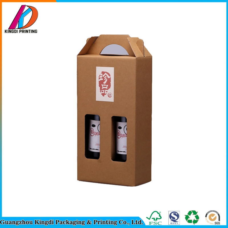 Custom E-Flute Corrugated Paper Packaging 2 Bottles/3 Bottles Red Wine Box with Handle