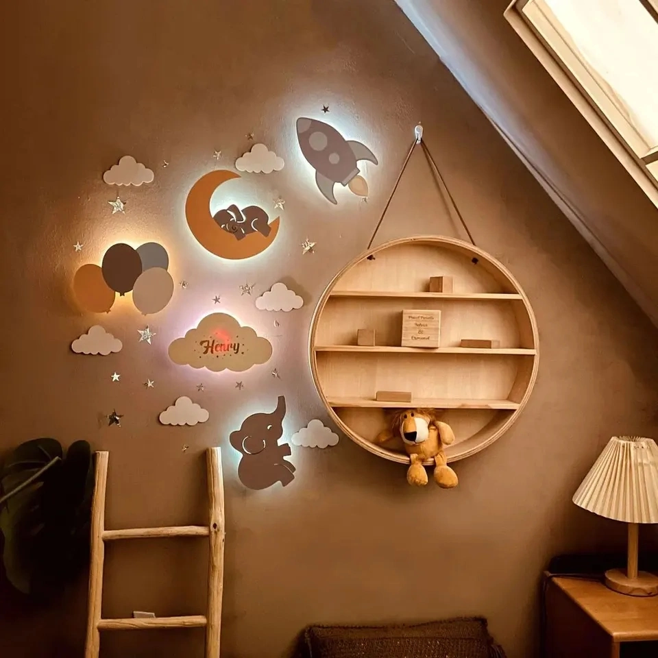 Wood Nursery Wall Decor Light Kids Room Wall Lamp Children's Room Decoration