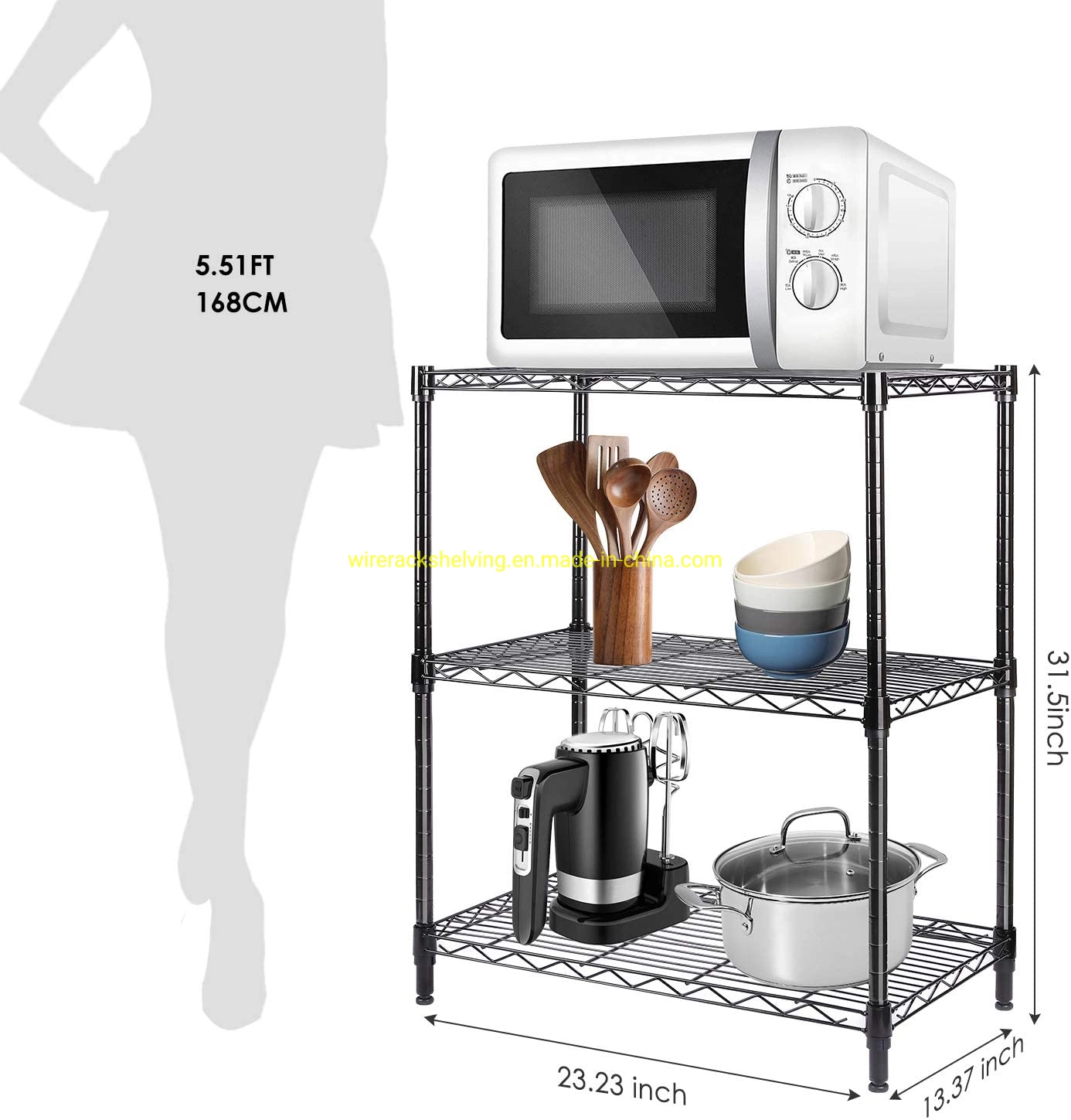 Estantes de almacenamiento de metal de nivel 3 23,23 L× 13,39 W× 31,5 H Almacenamiento de la unidad de estantes de alambre con patas niveladoras ajustables