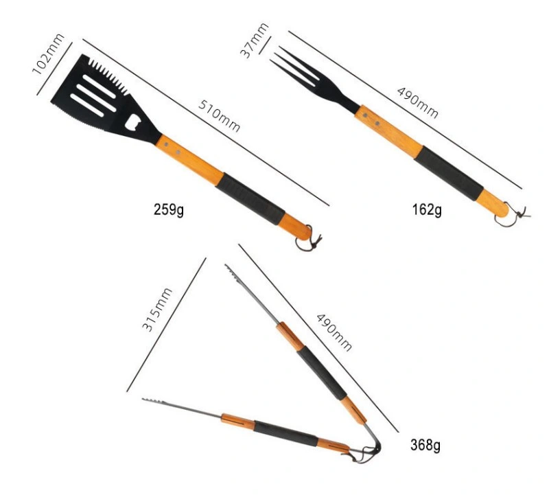 Schwarze Beschichtung Edelstahl 3 Stück-Set Antihaft BBQ Tool Set mit Holzgriff