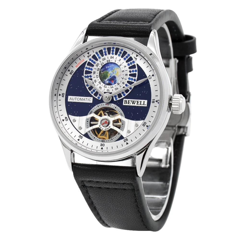 Bewell Nuevo Skeleton Mechanical Mens Zinc Alloy Watches Custom Logo Correa de cuero auténtico Reloj automático para hombres