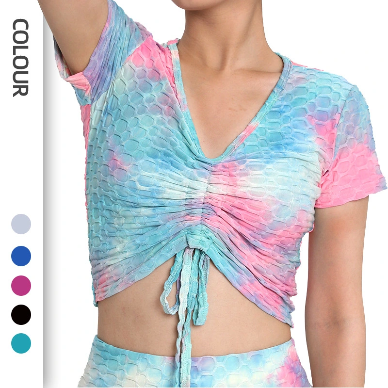 Yoga Shirt Tie-Dye Color Women Crop Tops Short Sleeve Yoga Wear