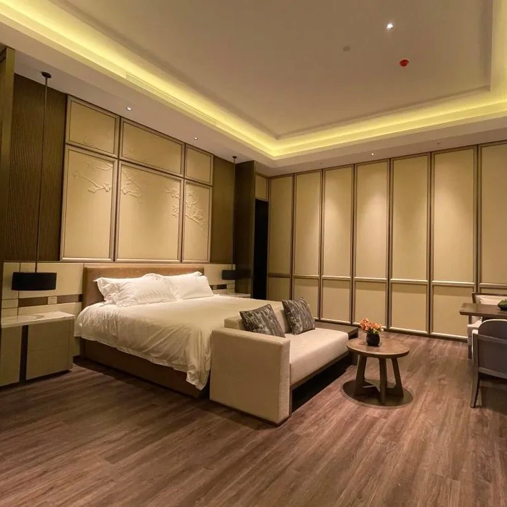 Schlafzimmer Möbel Set King Size Luxus Stil Massivholz Rahmen Umwölsterte Blume Stoff Kopfteil Bett für Hotel