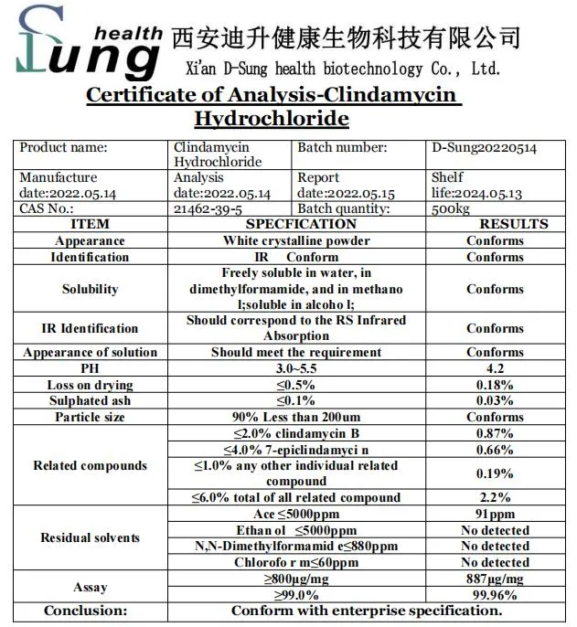 Antibiótico Clorhidrato de Clindamicina materia prima de la clindamicina Clorhidrato de Clindamicina polvo HCl