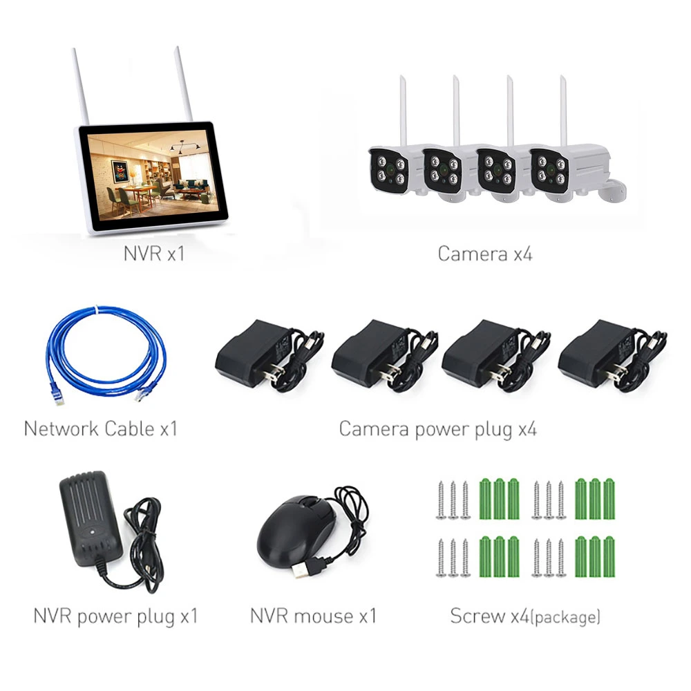 4CH WiFi IP Bullet Camera NVR Kits Système de surveillance vidéo de sécurité à domicile sans fil 1080P H. 265 avec moniteur LCD.