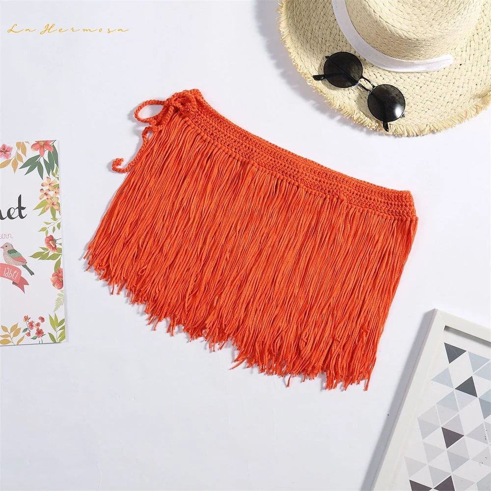 Fashion Ladies Beach Skirt Knitted Hand Hook Long Tassel Hula Dance Skirt Bikini Outside Short Skirt Wholesale/Supplier Swimwear Cover-up Stcy0619