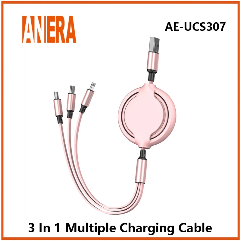 Câble de charge rapide rétractable télescopique flexible 3 en 1 USB2.0 vers Type-C⩓roid&Lightning pour téléphone portable