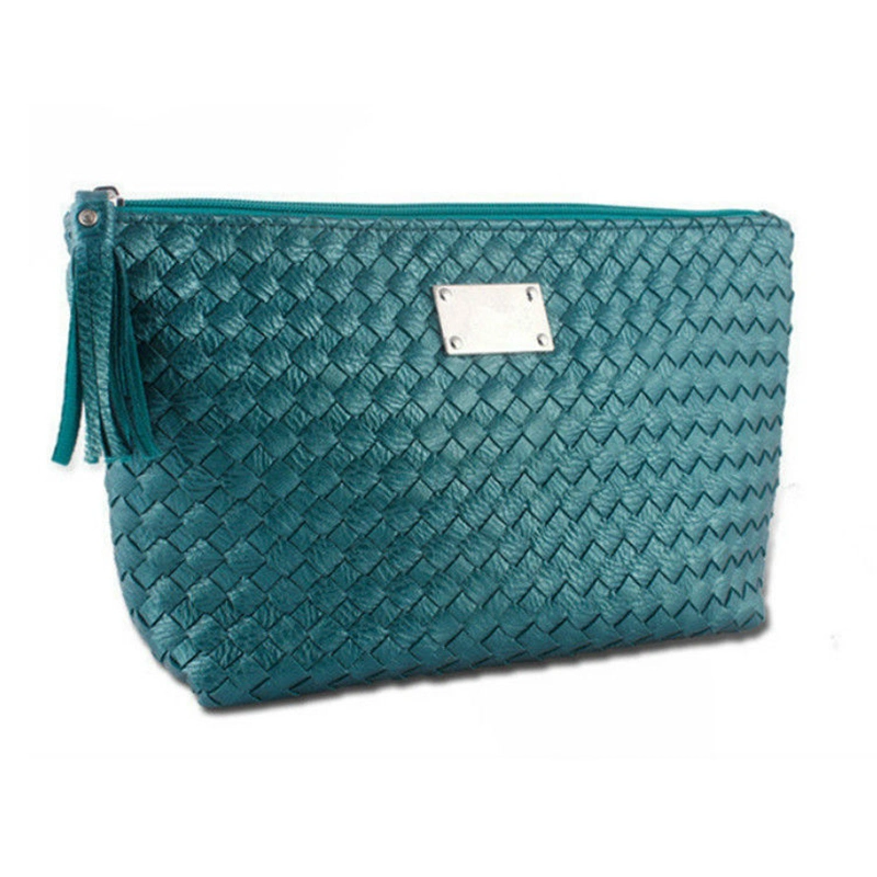 OEM Elegant Woven PU Leather Zip Clutch Cosmetic Bag