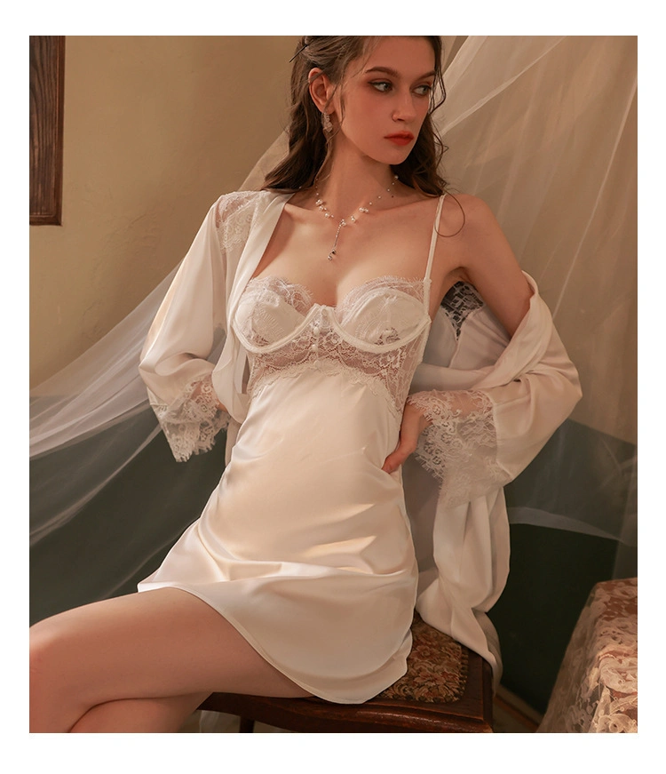 Lace Satin Sling Nightgown Sexy Deep V Seductive Sleepwear