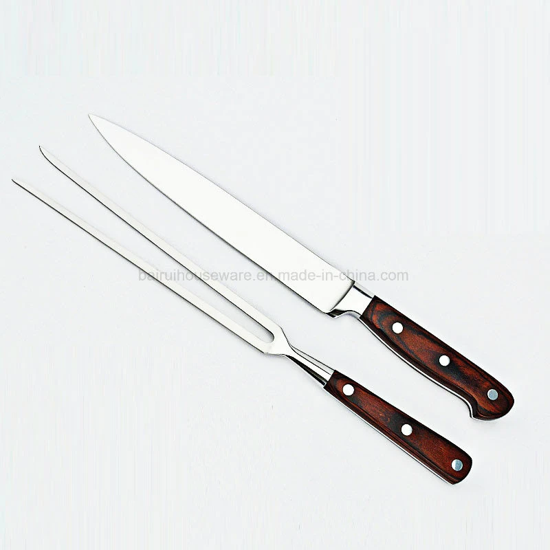 La FDA de acero inoxidable de alta calidad de horquilla de barbacoa y un cuchillo con mango de madera