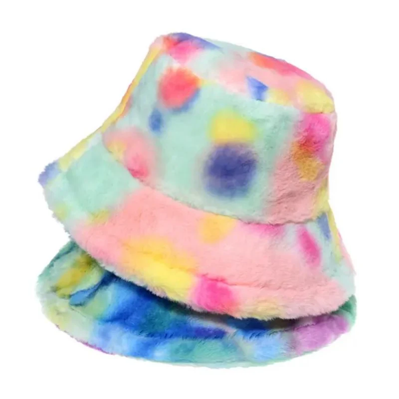 2023 New Designer Vintage Fashion Furry Tie Dye Rabbit Hair Fluffy Winter Bucket Hat for Women Winter