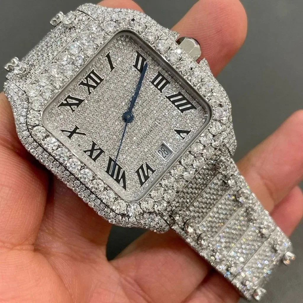 Luxury Vvs Moissanite Watch Diamond D Color Pave Setting Stainless Steel Custom Quartz Watches for Men