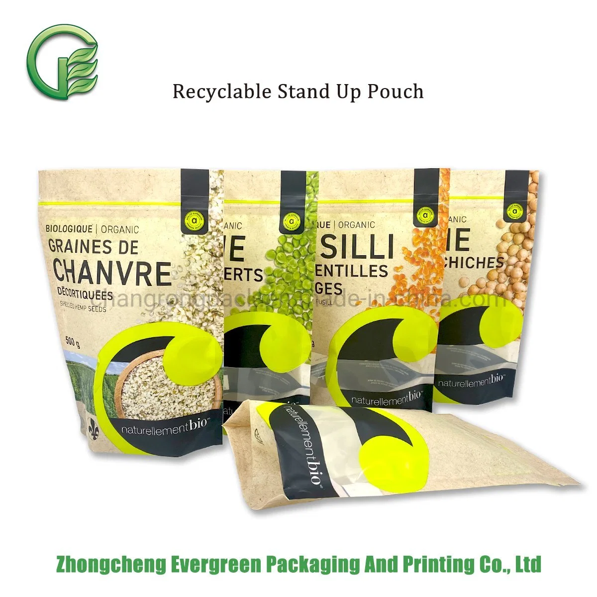 Recyclage emballage sacs personnalisés sacs de stand-up emballage alimentaire biologique Ziplock Doopack Pochettes