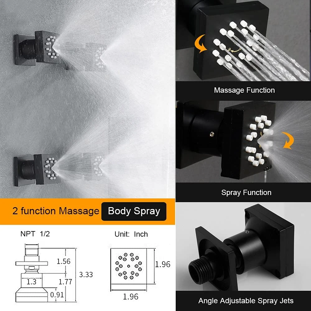 Sistema de Duche preto mate, cabeça de chuva LED quadrada de 12 polegadas Com multi-jatos Spray portáteis e de corpo - latão termostático A válvula pode usar todo o kit de chuva ao mesmo tempo