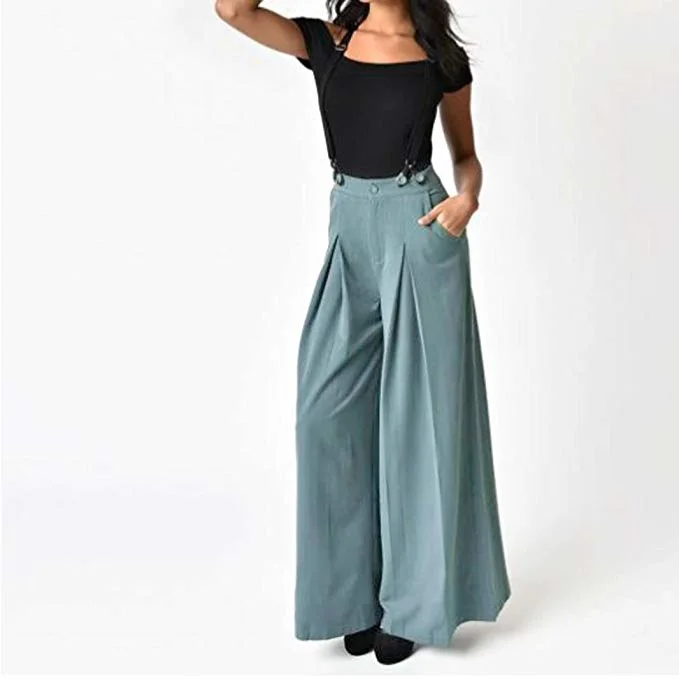 Customized Women Casual Pleated High Waisted Wide Leg Palazzo Pants Suspenders Trousers