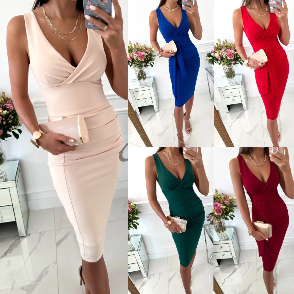 Summer Sleeveless V-Neck Tight Bag Hip Lace-up Dress Women's Wear