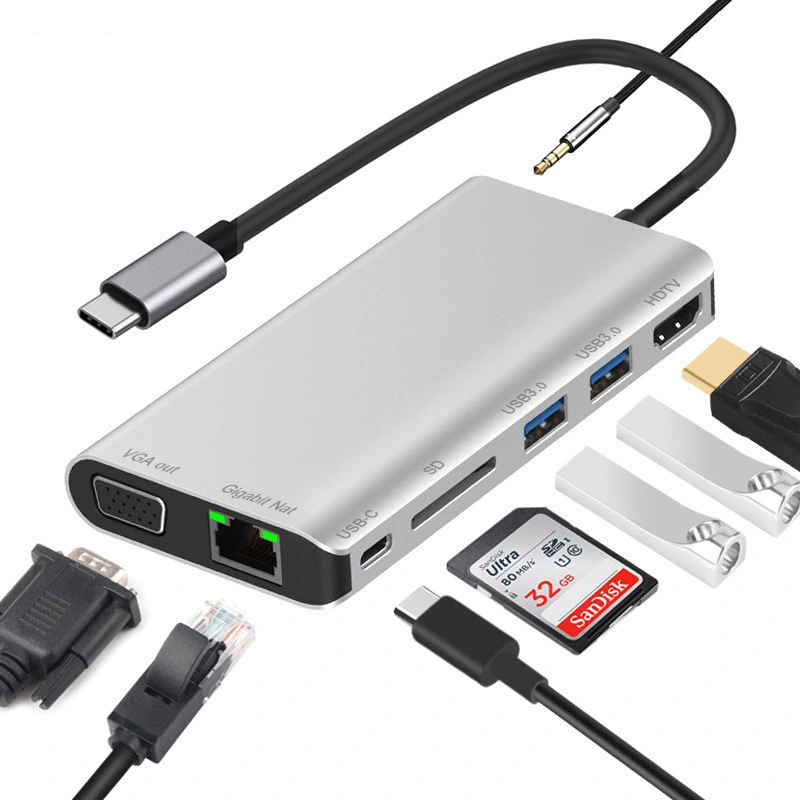 Multifunction Type-C 8 in 1 USB 3.0 SD Card Reader VGA HDTV Gigabit LAN USB Type C Multi Function Dock Station Hub