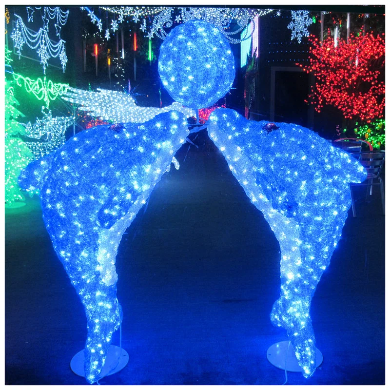 Outdoor Christmas LED 3D Water Ocean Life Size Fiberglass Dolphin Marine Animals Figure Motif Light