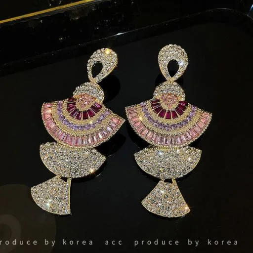 Banquet Jewelry Accessories Vintage Baroque Style Geometric Drop Earrings Women Pink Zircon Crystal Sector Dangle Earrings