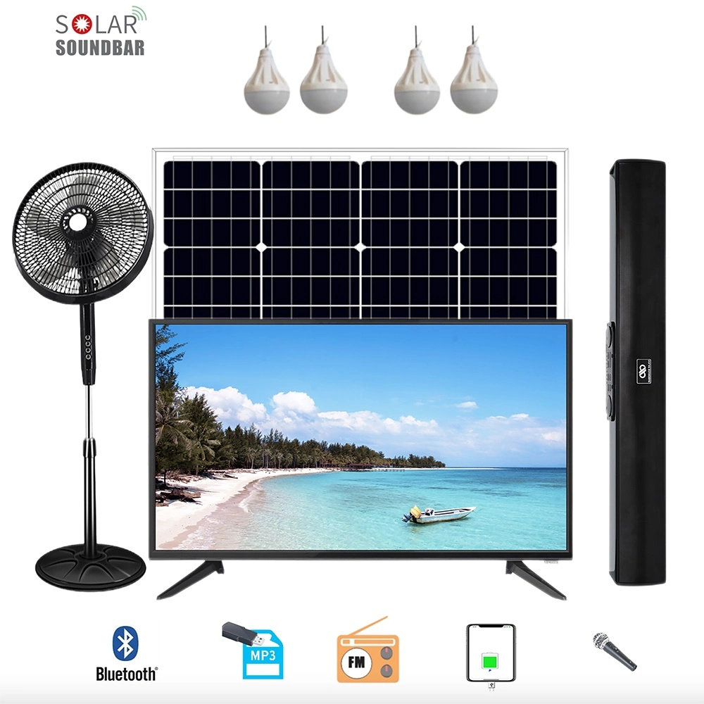 Sistema de TV de Energia Solar com Carregamento de Celular Bluetooth MP3 Rádio FM Função de Cantar com Ventilador, TV, Luzes LED e Painel Solar.